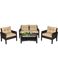 4PCS Patio Rattan Furniture Set Loveseat Sofa Coffee Table Garden W/ Cushion