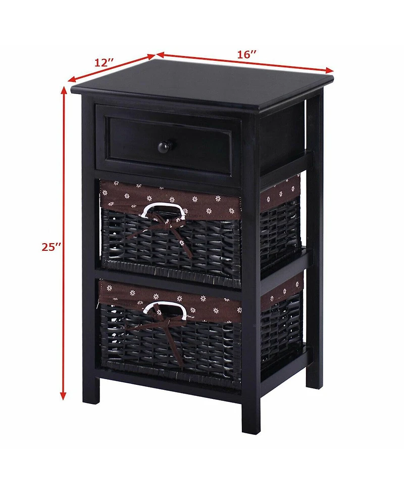 3 Tiers Wooden Storage Nightstand with 2 Baskets and 1 Drawer
