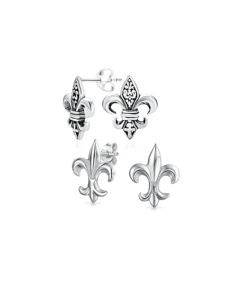 Bling Jewelry Set of 2 Fleur De Lis Stud Earrings in Oxidized and Polished Sterling Silver
