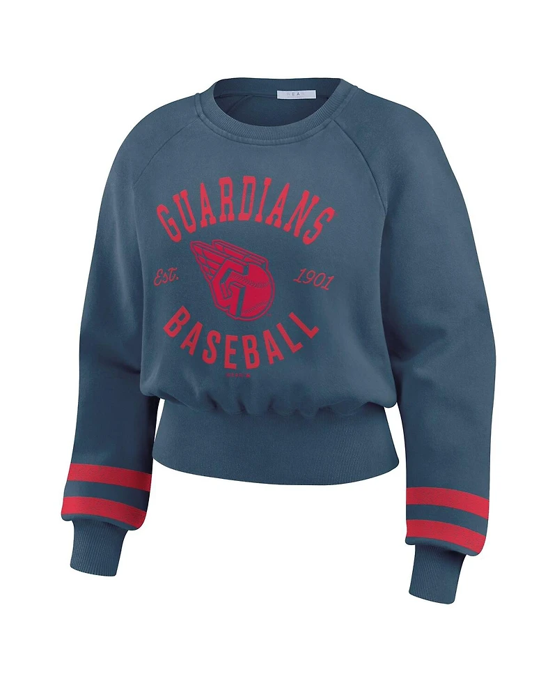 Wear By Erin Andrews Women's Navy Cleveland Guardians Vintage Washed Cropped Pullover Sweatshirt