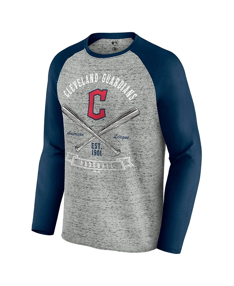 Fanatics Men's Heather Gray Cleveland Guardians Raw Edge Raglan Long Sleeve Baseball T-Shirt