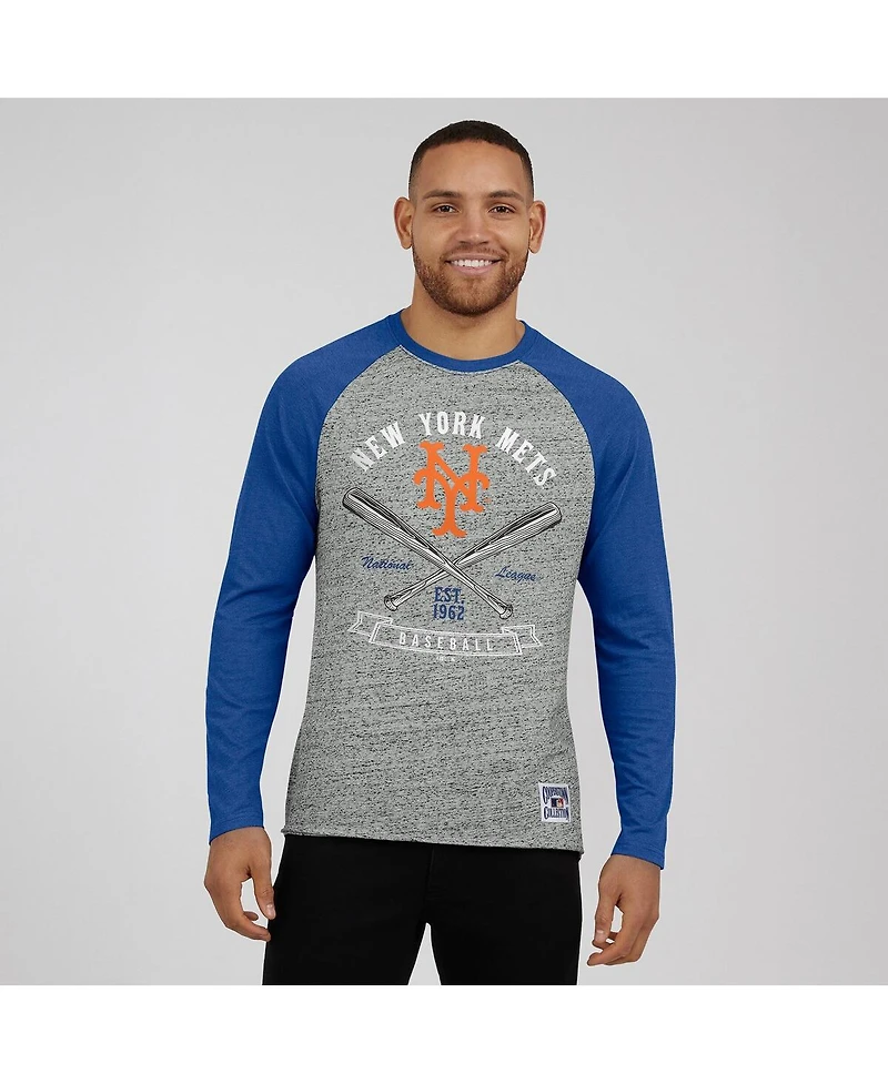 Fanatics Men's Heather Gray New York Mets Raw Edge Raglan Long Sleeve Baseball T-Shirt