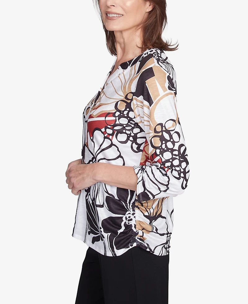 Alfred Dunner Petite Natural Instinct Bold Floral Illustrated Henley Top