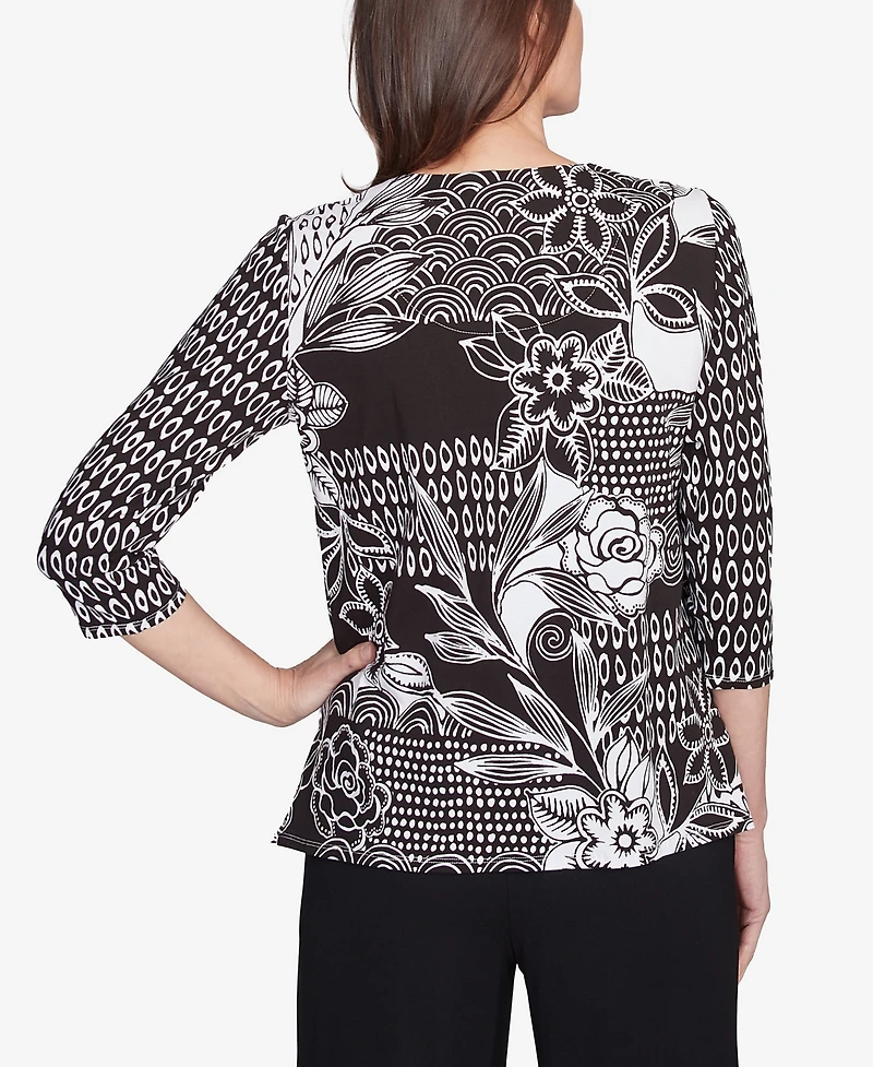 Alfred Dunner Petite Natural Instinct Monotone Patch Beaded Split Neck Top