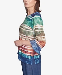 Alfred Dunner Petite Summer Solstice Tie Dye Striped Biadere Crewneck Top