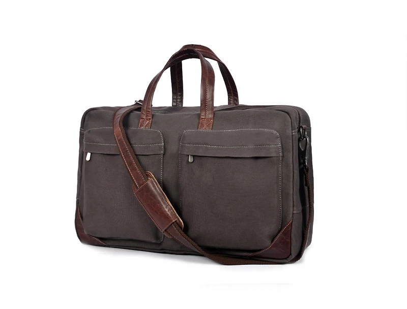 Aaron Leather Goods Canvas and Leather Laptop Briefcase with Dual Front Pockets, Full-Zip Closure, Adjustable Shoulder Strap, Metal Feet, and Padded L