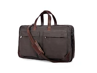 Aaron Leather Goods Canvas and Leather Laptop Briefcase with Dual Front Pockets, Full-Zip Closure, Adjustable Shoulder Strap, Metal Feet, and Padded L