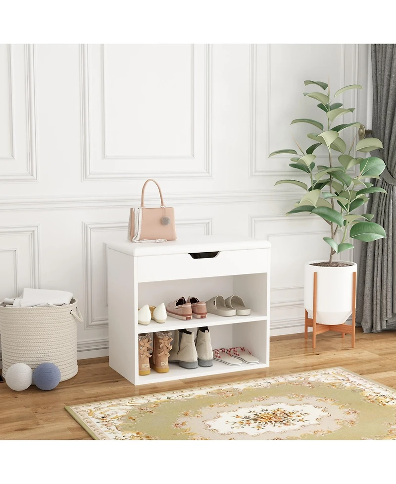 Shoe bench with shelves, natural wooden shoe rack with 3 storage compartments, Entryway Bench