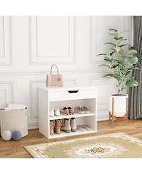 Shoe bench with shelves, natural wooden shoe rack with 3 storage compartments, Entryway Bench