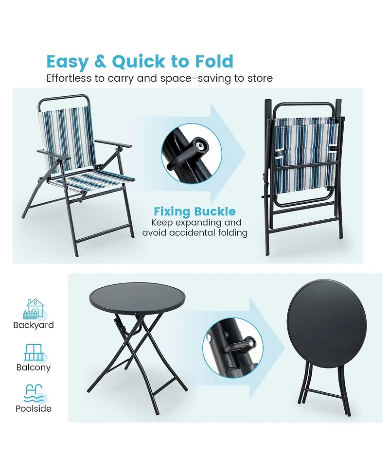 3pcs Patio Folding Dining Table Chair Set Heavy-Duty Metal Portable Outdoor