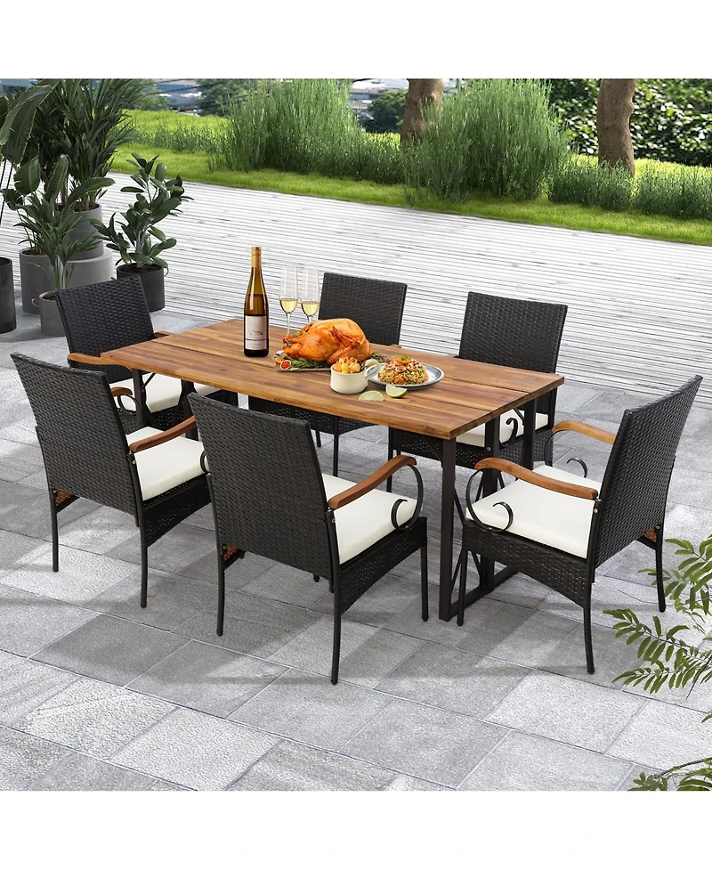 2PCS Patio Pe Wicker Chairs Acacia Wood Armrests withSoft Zippered Cushion Garden