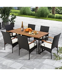 2PCS Patio Pe Wicker Chairs Acacia Wood Armrests withSoft Zippered Cushion Garden