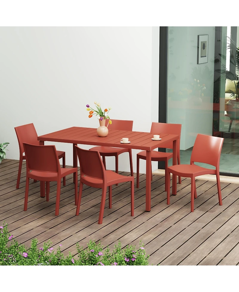7-Piece Outdoor Rectangular Metal Patio Dining Table Set With Stackable Resin Side Chairs