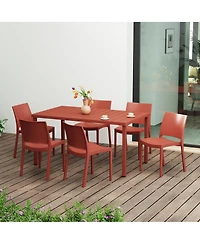 7-Piece Outdoor Rectangular Metal Patio Dining Table Set With Stackable Resin Side Chairs