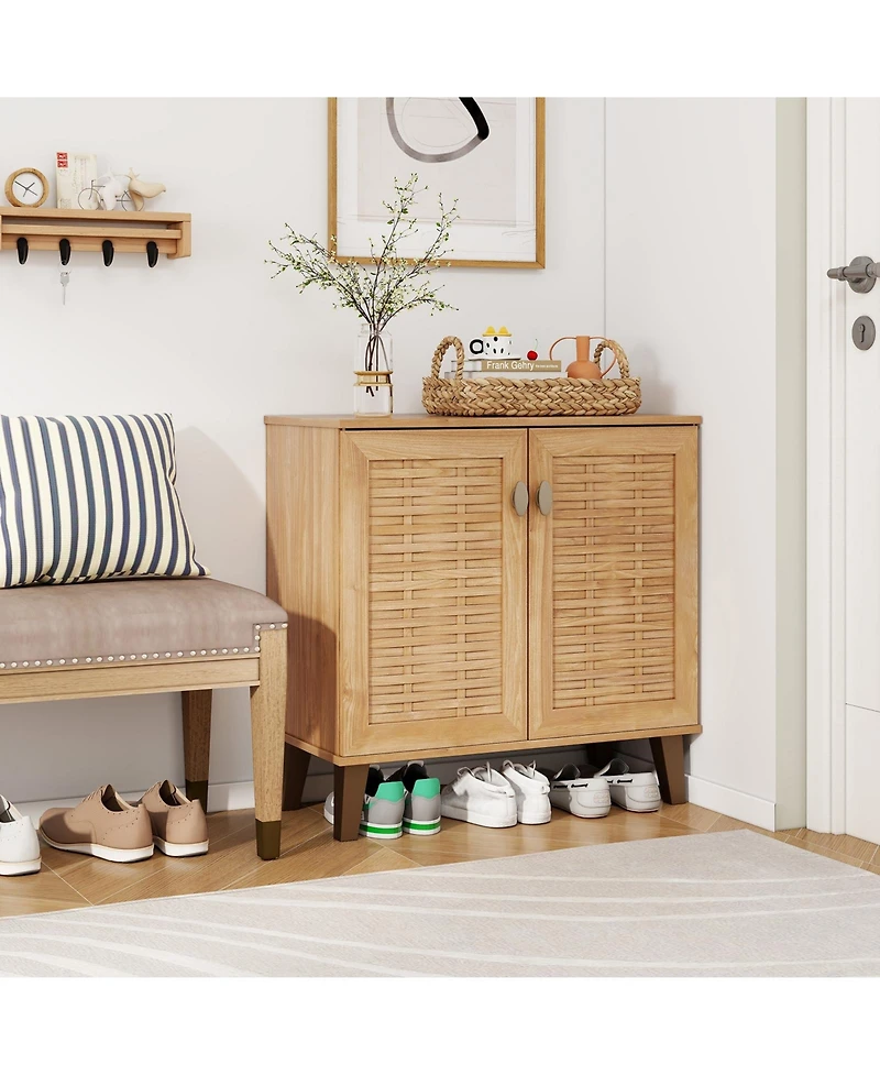 4-Tier Shoe Cabinet with Ventilated Woven Doors – 2-Door Organizer for Home Entryway or Closet