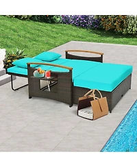 Patio Rattan Daybed Set with Cushioned Loveseat & Storage Ottoman for Porch