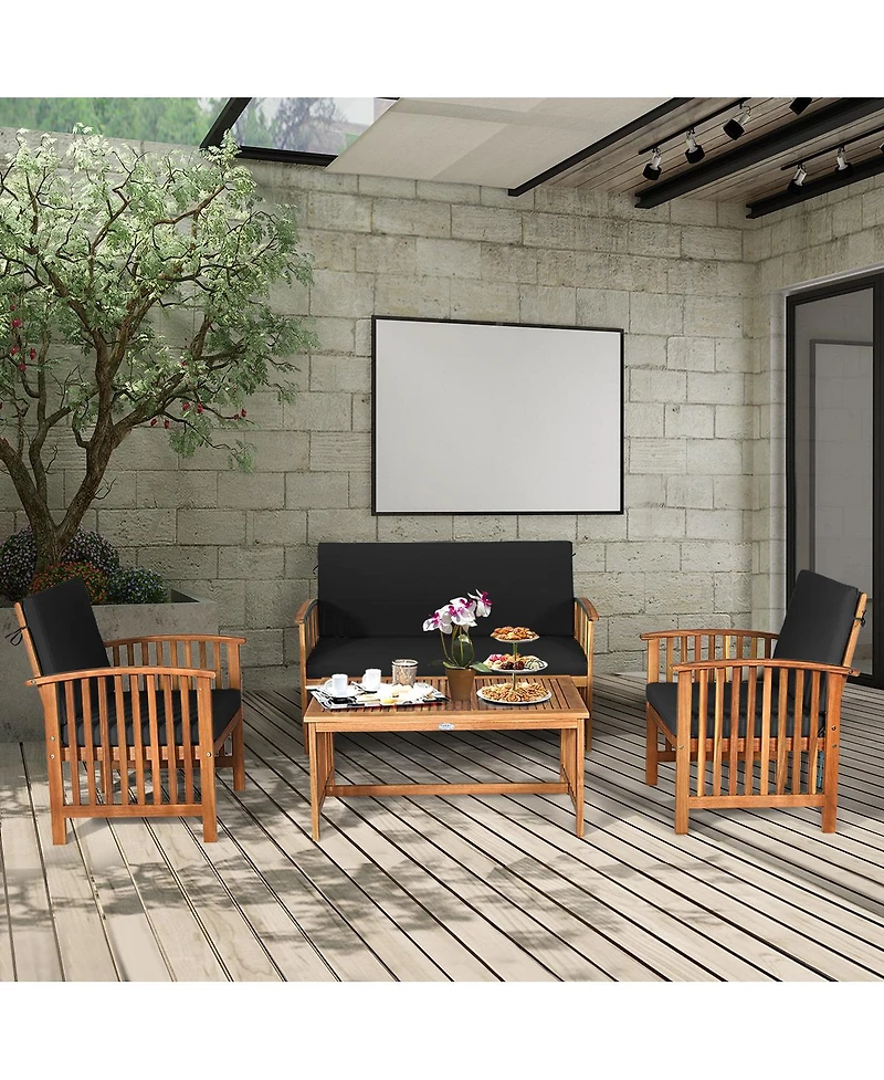 4PCS Patio Solid Wood Furniture Set Conversation Coffee Table W