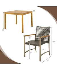 Gymax 5 Pcs Patio Dining Set Acacia Wood Table w/ 1.9'' Umbrella Hole Wicker Armchairs