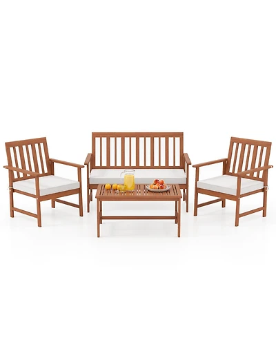 Gymax 4-Piece Acacia Wood Patio Conversation Set Outdoor Furniture Set w/ 2 Armchairs