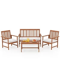 Gymax 4-Piece Acacia Wood Patio Conversation Set Outdoor Furniture Set w/ 2 Armchairs