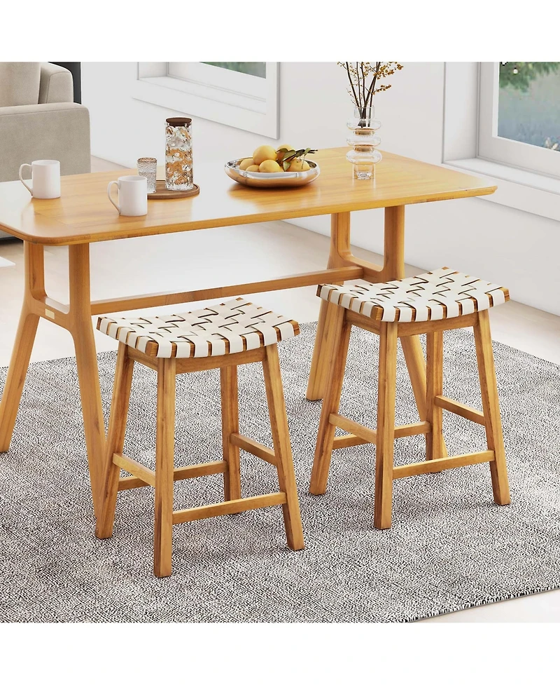 Woven Saddle Stools Set of 2 25.5'' Faux Pu Leather Counter Height Kitchen Stool
