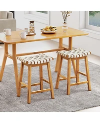 Woven Saddle Stools Set of 2 25.5'' Faux Pu Leather Counter Height Kitchen Stool