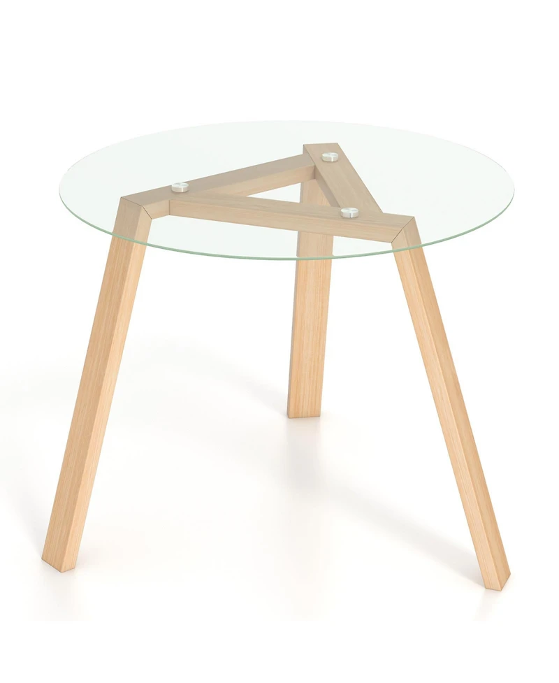 Round Glass Dining Table for 4 with Rubber Wood Frame