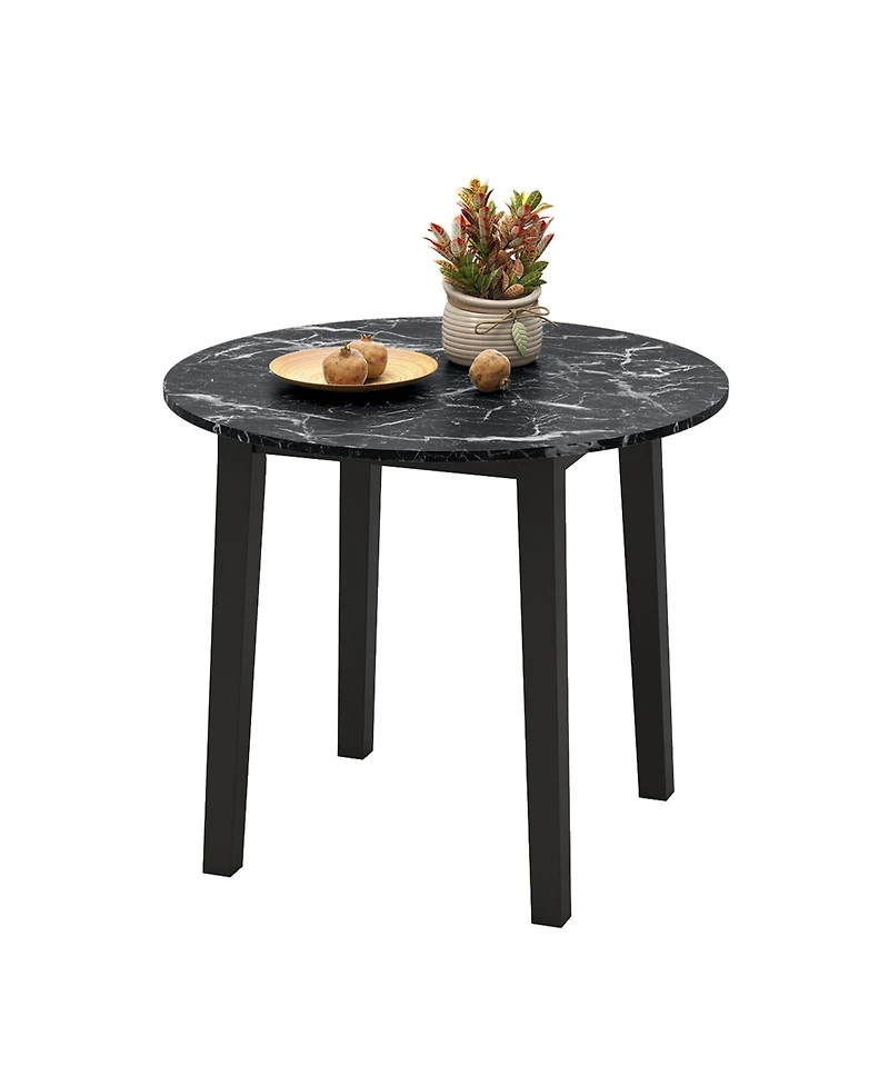 Round Dining Table with Rubber Wood Legs and Marble-textured Veneer Tabletop