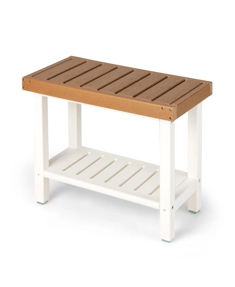 2-Tier Hdpe Shower Chair with Storage Shelf and Anti-slip Foot Pads for Bath Spa-Brown