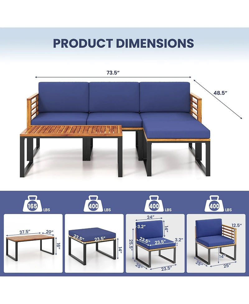 5 Piece Patio Chair Set, Acacia Wood Chair Set with Ottoman & Coffee Table