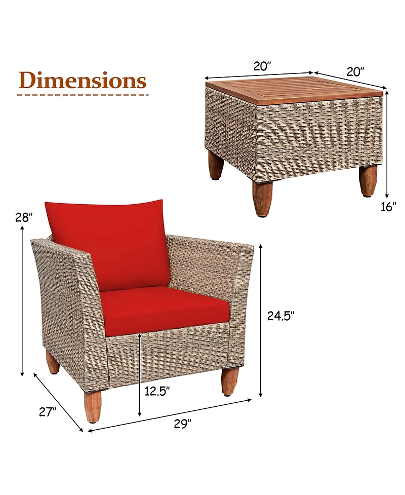 3PCS Patio Rattan Bistro Furniture Set Wood Table Top Cushion Sofa