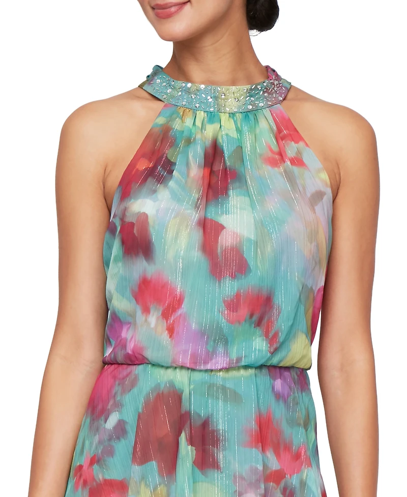 Sl Fashions Women's Floral Tiered Halter-Neck Tea Dress