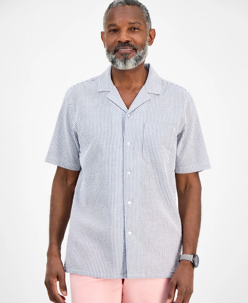 Club Room Men's Short Sleeve Striped Seersucker Button-Front Camp Shirt, Exclusively at Macy's