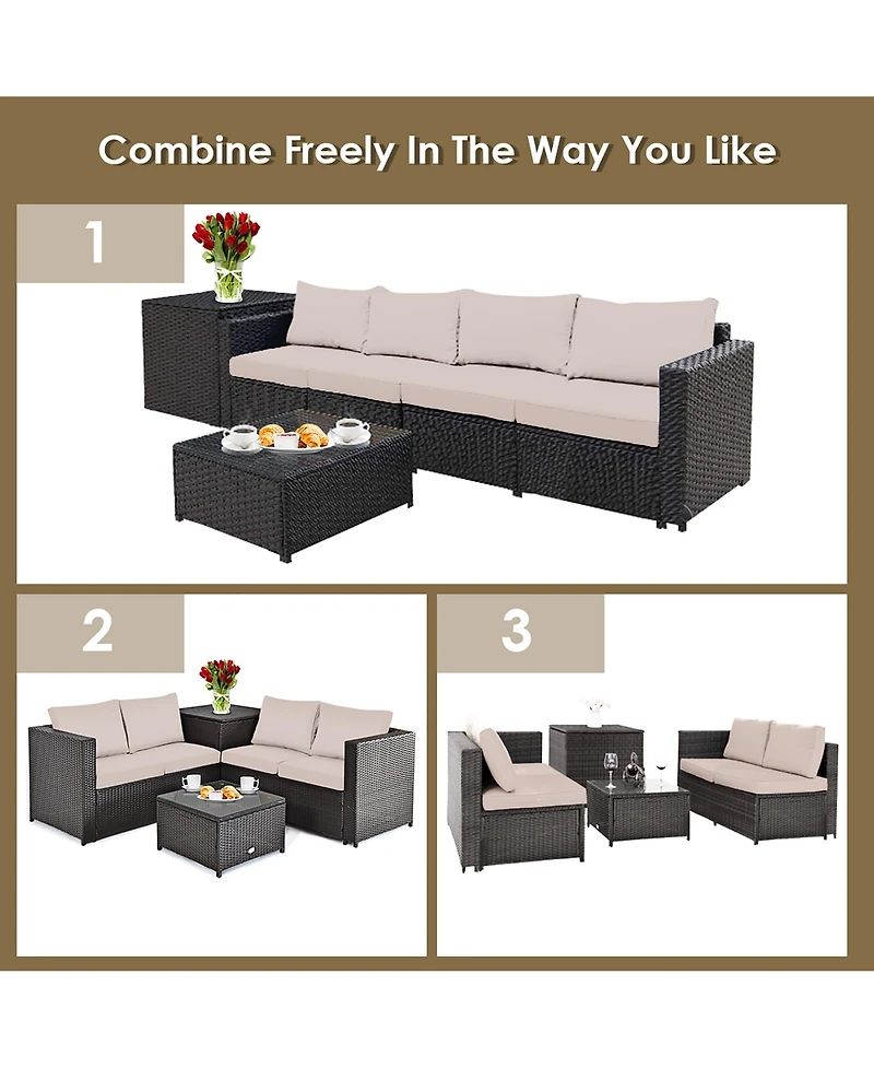 4PCS Outdoor Patio Rattan Furniture Set Cushioned Loveseat Storage Table