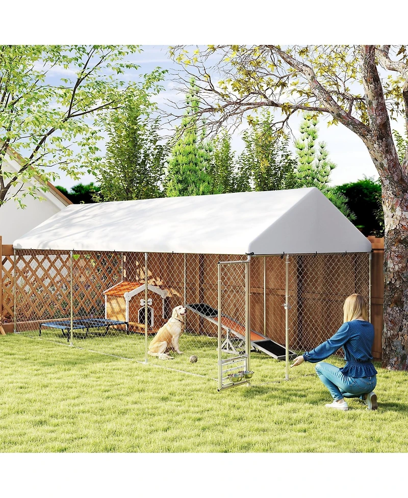 PawHut Dog Run with Adjustable & Rotatable Bowls, 19.7' x 7.5' x 7.5'