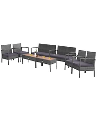 8PCS Patio Rattan Furniture Set Cushioned Chair Wooden Tabletop Gray