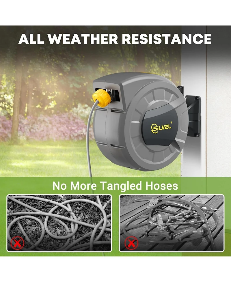 Silvel Retractable Garden Hose Reel, 1/2 x 110 ft Wall Mounted with 10 Pattern Nozzle, Any Length Lock, Slow Return System, 180&#