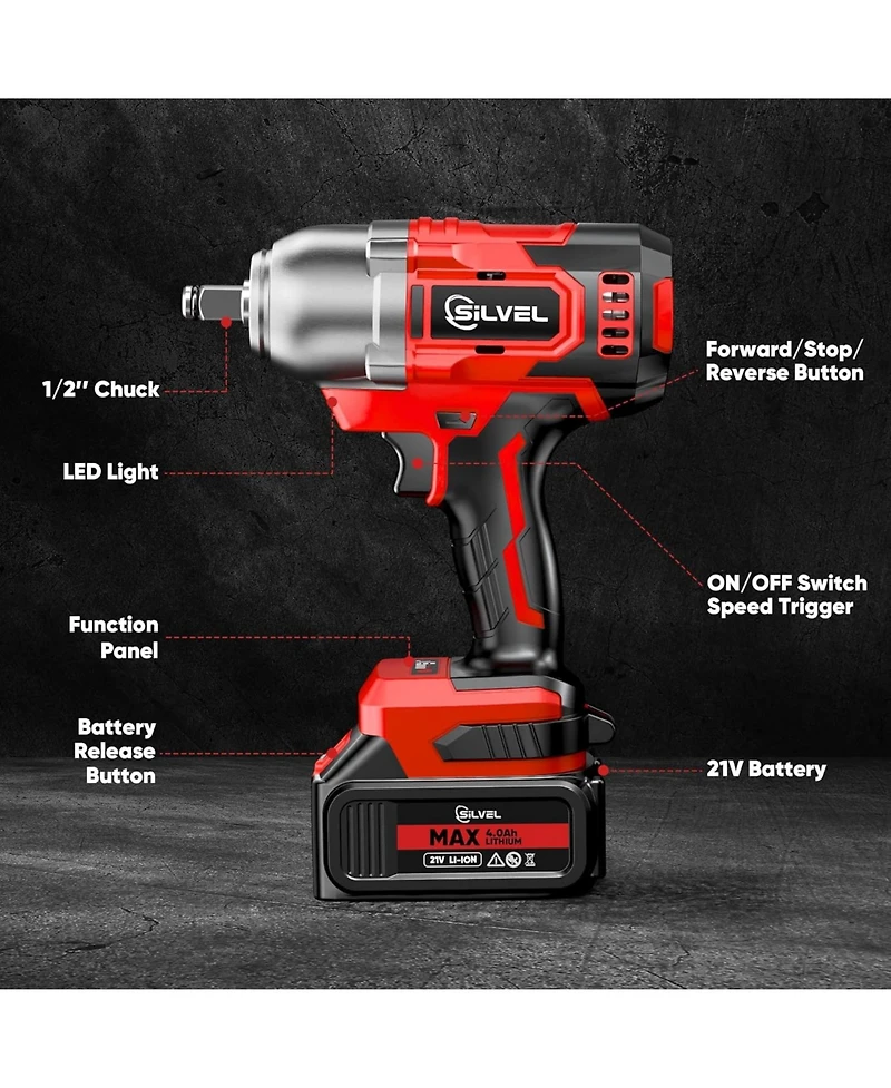 Silvel Cordless Impact Wrench, Max 500N.m Brushless Impact Gun 1/2 inch, 4.0Ah Battery, 6 Sockets