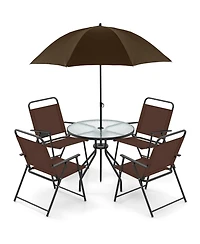 6 Pieces Patio Dining Set Folding Chairs Glass Table Tilt Umbrella for Garden