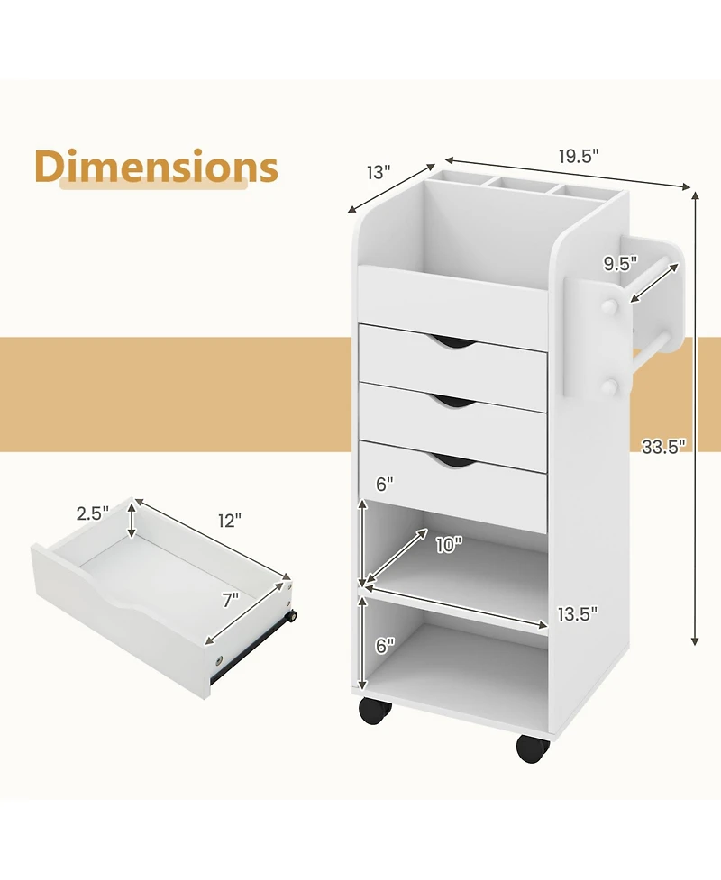 Utility Trolley with Open Shelves and 3 Drawers – Rolling Cart for Kitchen, Office, or Bathroom Organization