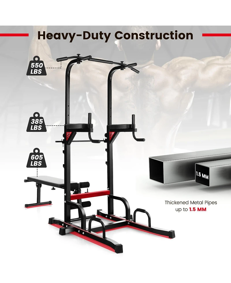 Power Tower Pull Up Bar Stand with Adjustable Heights and Bench