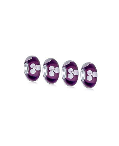 Bling Jewelry Set of 4 White Purple Flower Murano Glass Spacer Charm Bead Sterling Silver Core