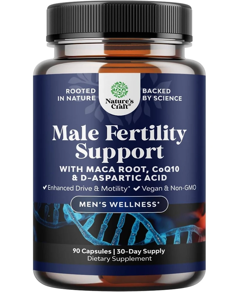 Male Fertility Support for Men with CoQ10, Maca Root, Methyl Folate & D-Aspartic Acid for Enhanced Drive & Count Motility, Nature's Craft | 90ct