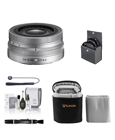 Nikon Nikkor Z Dx 16-50mm f/3.5-6.3 Vr Lens, Silver, Bundle with Bower 3-Piece 46mm Filter Kit, Lens Cleaner, Cleaning Kit, Universal Lens Cap Tether