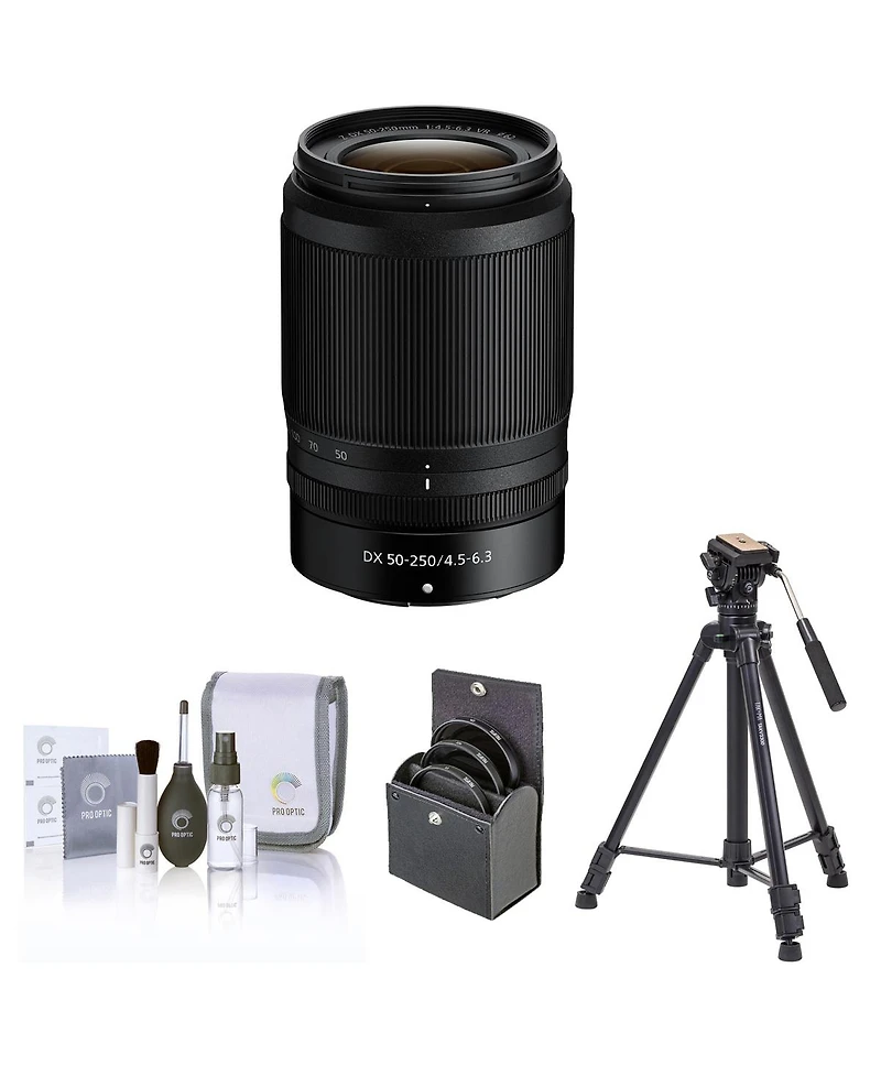 Nikon Nikkor Z Dx 50-250mm f/4.5-6.3 Vr Lens, Bundle with Takama 3-Section Aluminum Video Tripod and Fluid Head, 62mm Filter Kit, Cleaning Kit