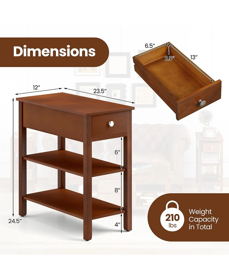 3-Tier Narrow End Table Set of 2 – With Drawer and Storage Shelves for Bedroom or Living Room Organization