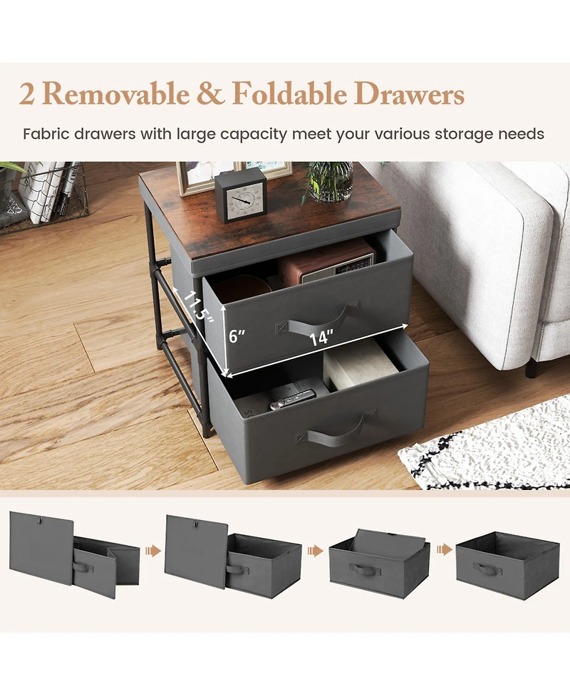 2-Drawer Nightstand with Fabric Bins and Pull Handles – Set of 2 Bedroom Storage Solutions