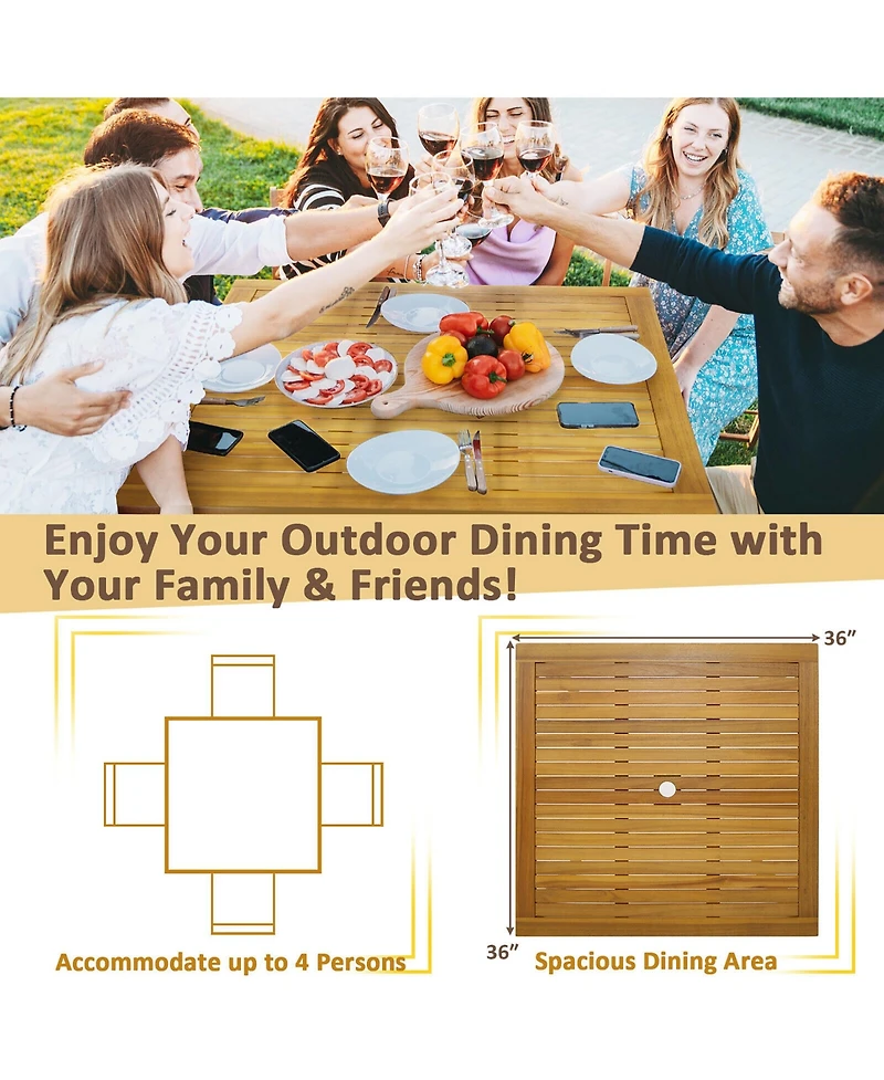Gymax 5 Pcs Patio Dining Set Acacia Wood Table w/ 1.9'' Umbrella Hole Cushioned Chairs