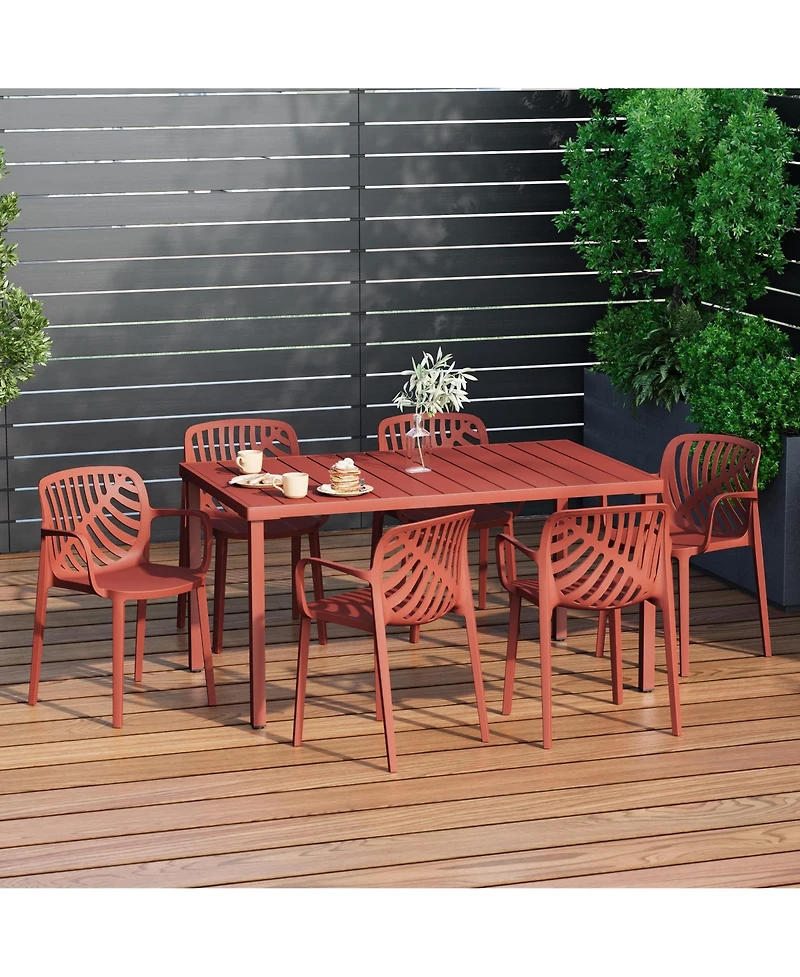 7-Piece Outdoor Metal Rectangle Patio Dining Table Set With Stackable Resin Patio Dining Chairs