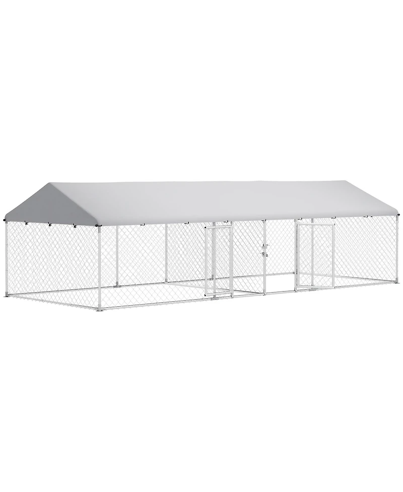 PawHut Two Room Outdoor Dog Kennel with Roof, Cover, 19.7' x 7.5' x 5.2'